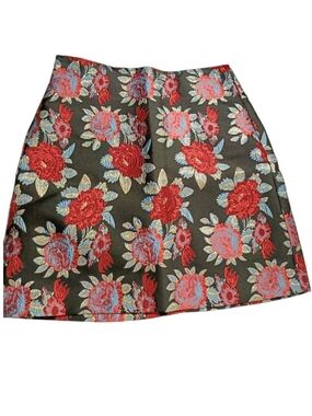 Contemporaine by Simons Black Mini Skirt with Red and Blue Floral Jacquard
